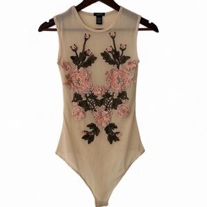 Rue21 Cream and Pink Floral  mesh Bodysuit